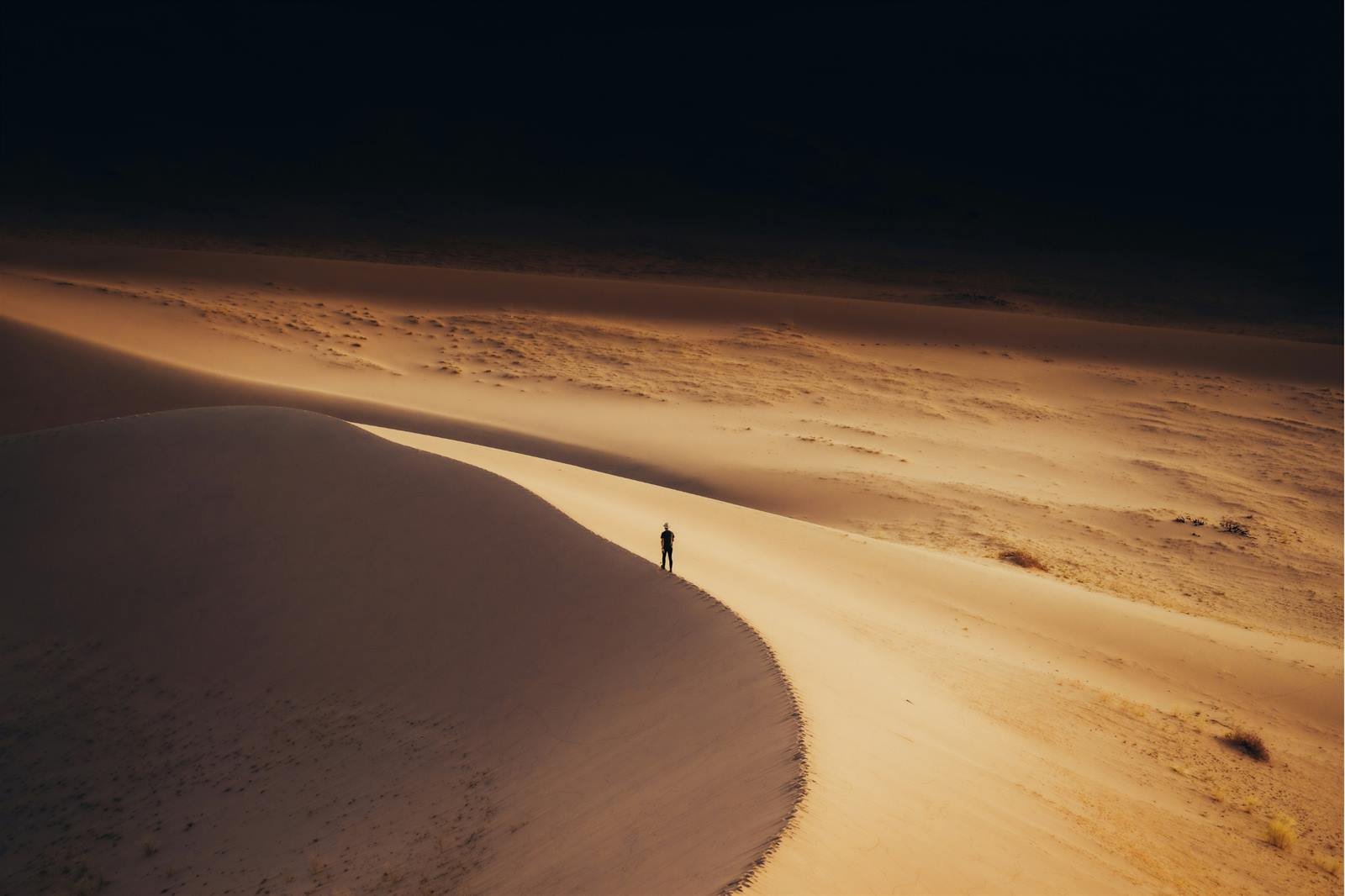 Figura caminando hacia una luz dorada en el desierto, al amanecer